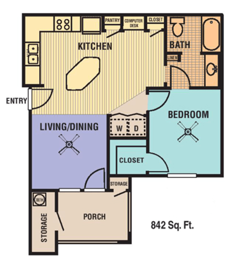 A floor plan of a 842 square feet home with a living room, dining room, kitchen, two bedrooms, a bath, a porch, and storage.